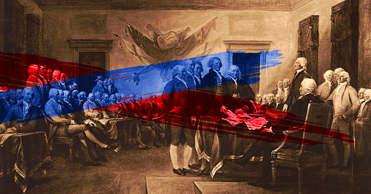 Image of the signing of the Declaration of Independence, stylized with a blue paint stroke across the drafting committee members and a red paint stroke across the document itself.
